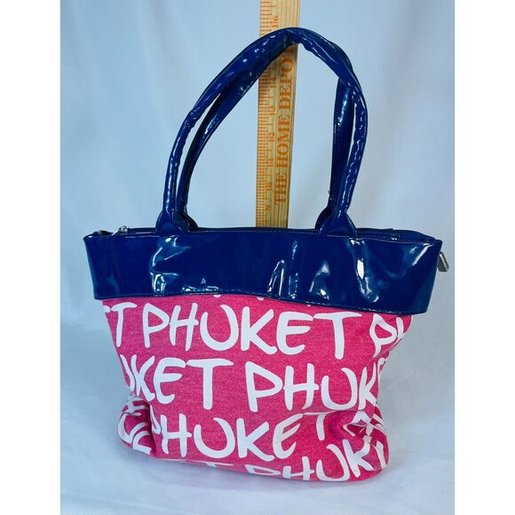 Robin Ruth Phuket Logo Tote Bag Blue Pink Patent Handle Shopper MOD - Picture 14 of 14